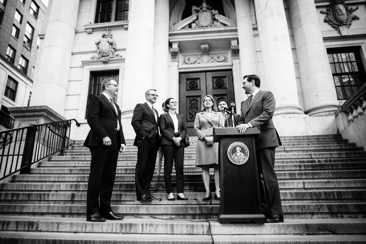 Black-and-white photograph of officials standing beside a podium on civic building steps